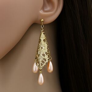Gold Filigree Design Long Beads Drop Dangle Earrings Women Jewelry #4
